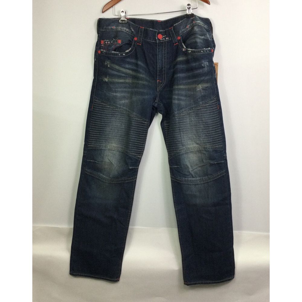 New True Religion Men Sz 44W Slim Moto Run Stitch Jeans Colored Seam distressed
